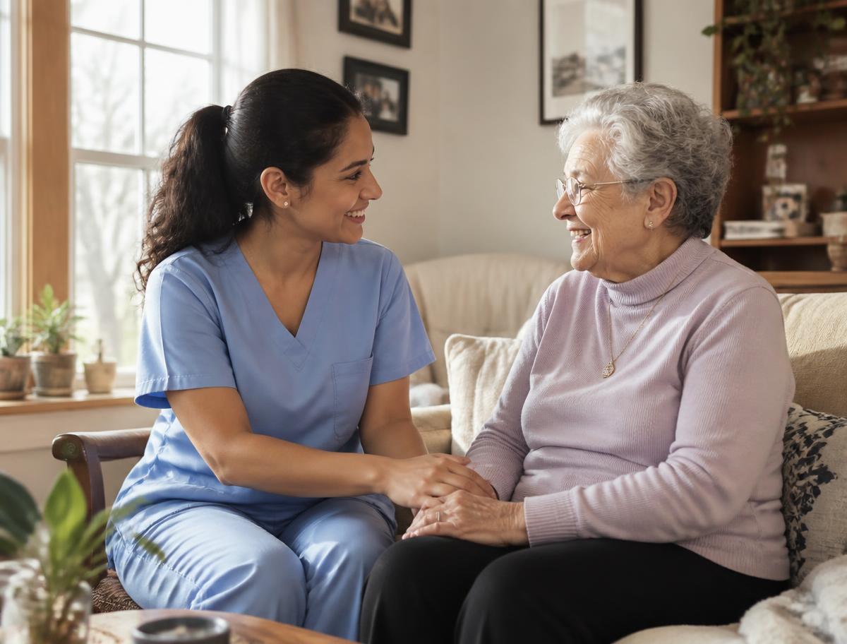 Home caregiver sitting with a smiling elderly client in a sunlit living room