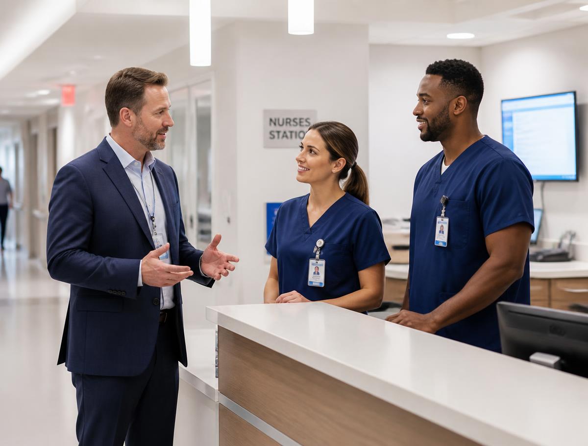 Facility manager talking with two healthcare staff members at a nurses station