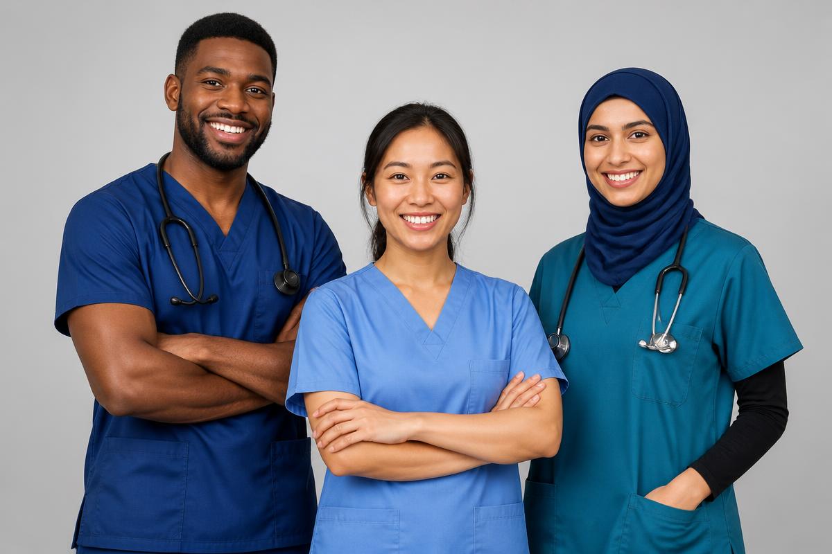 Three healthcare workers in scrubs standing together and smiling